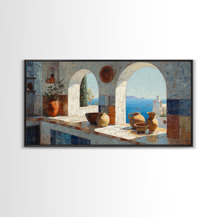Mediterranean Arch Framing Blue Sea Framed Canvas Print, Italian Villa Art, Digital Download Art, Living Room Decor, Villa, IVA-2x1-100