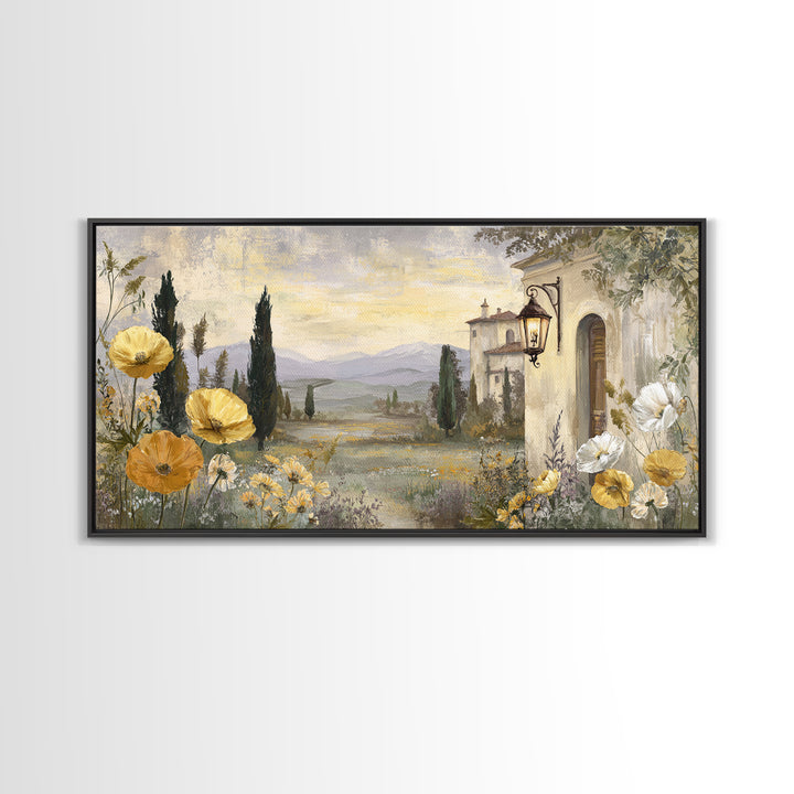 Tuscan Poppy Field Framed Canvas Print, Italian Villa Art, Landscape Painting, Living Room Decor, Villa, Digital Art Print, IVA-2x1-11