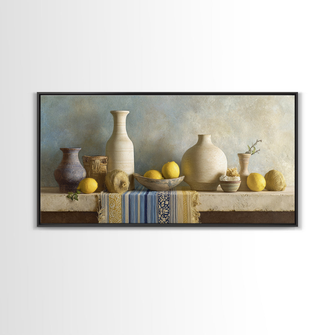 Coastal Lemons and Striped Cloth Arrangement Framed Canvas Print, Italian Villa Art, Modern Decor, Living Room Decor, Villa, IVA-2x1-20