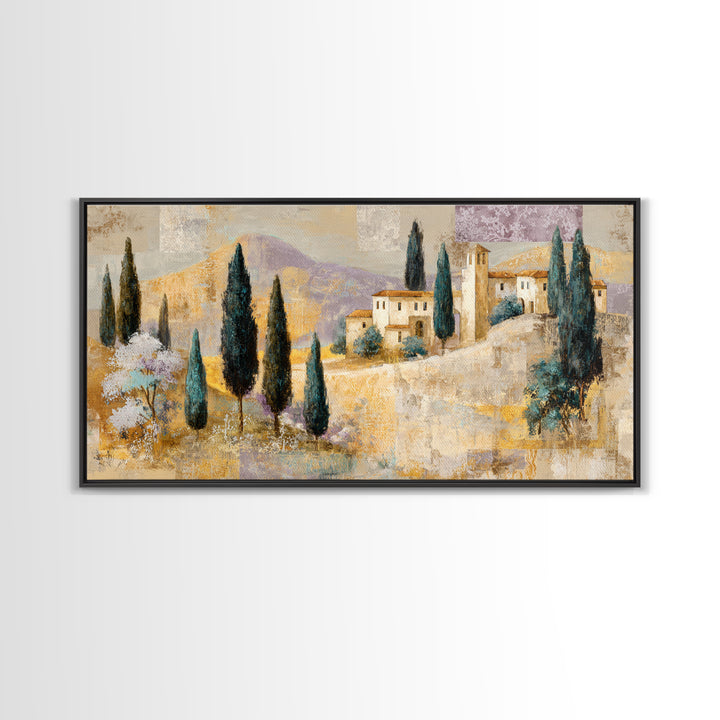 Tuscan Hillside with Cypress Trees and Golden Canvas Print, Italian Villa Art, Living Room Decor, Oil Painting, Villa, IVA-2x1-21