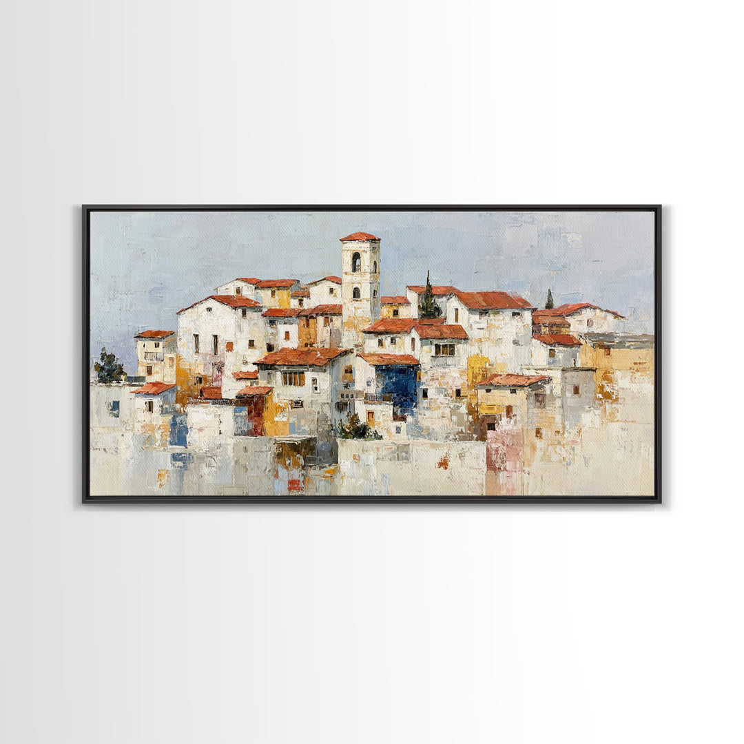 Terracotta Rooftops Against Pale Sky Framed Canvas Print, Italian Villa Art, Room Decor, Living Room Decor, Fine Art, Villa, IVA-2x1-24