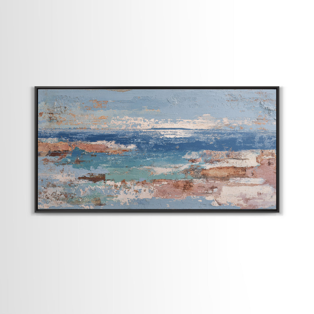 Mediterranean Arch Framing Blue Sea Framed Canvas Print, Italian Villa Art, Textured Painting, Living Room Decor, Villa, IVA-2x1-28