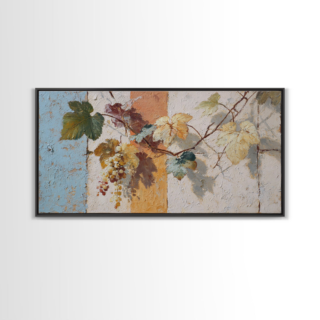 Grapevine and Wine Still Life on Linen Framed Canvas Print, Italian Villa Art, Printable Art, Living Room Decor, Villa, IVA-2x1-3