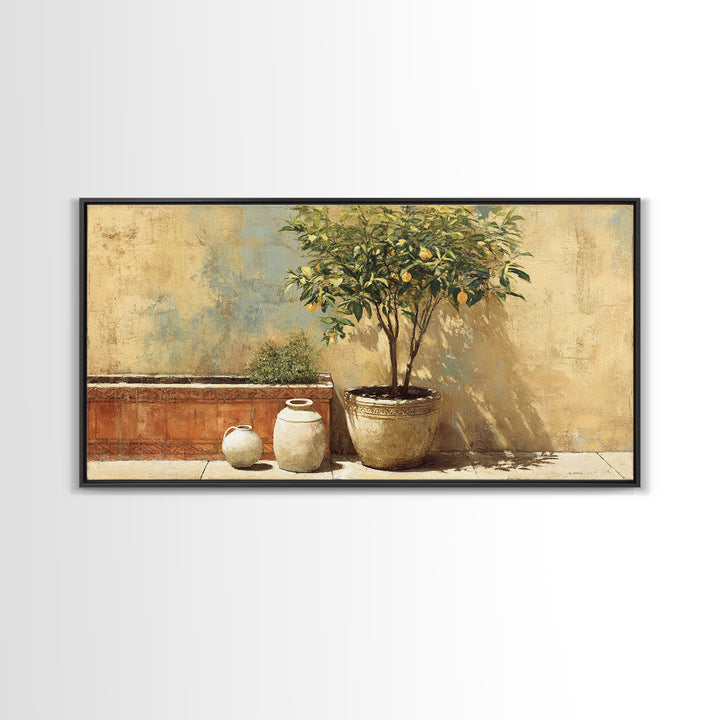 Orange Tree in a Courtyard Planter Framed Canvas Print, Italian Villa Art, Home Decor, Living Room Decor, Fine Art, Villa, IVA-2x1-34