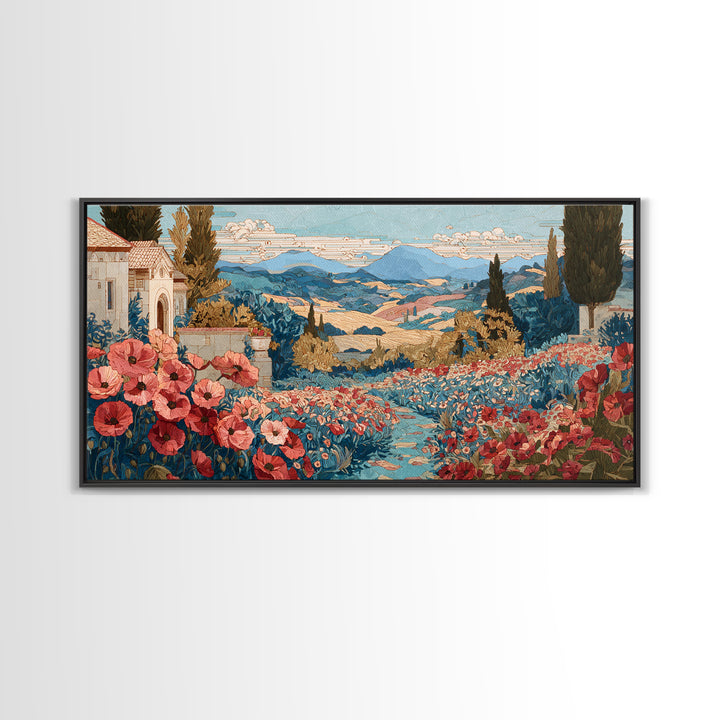 Tuscan Poppy Field Framed Canvas Print, Italian Villa Art, Boho Decor, Living Room Decor, Oil Painting, Villa, Digital Wall Art, IVA-2x1-35