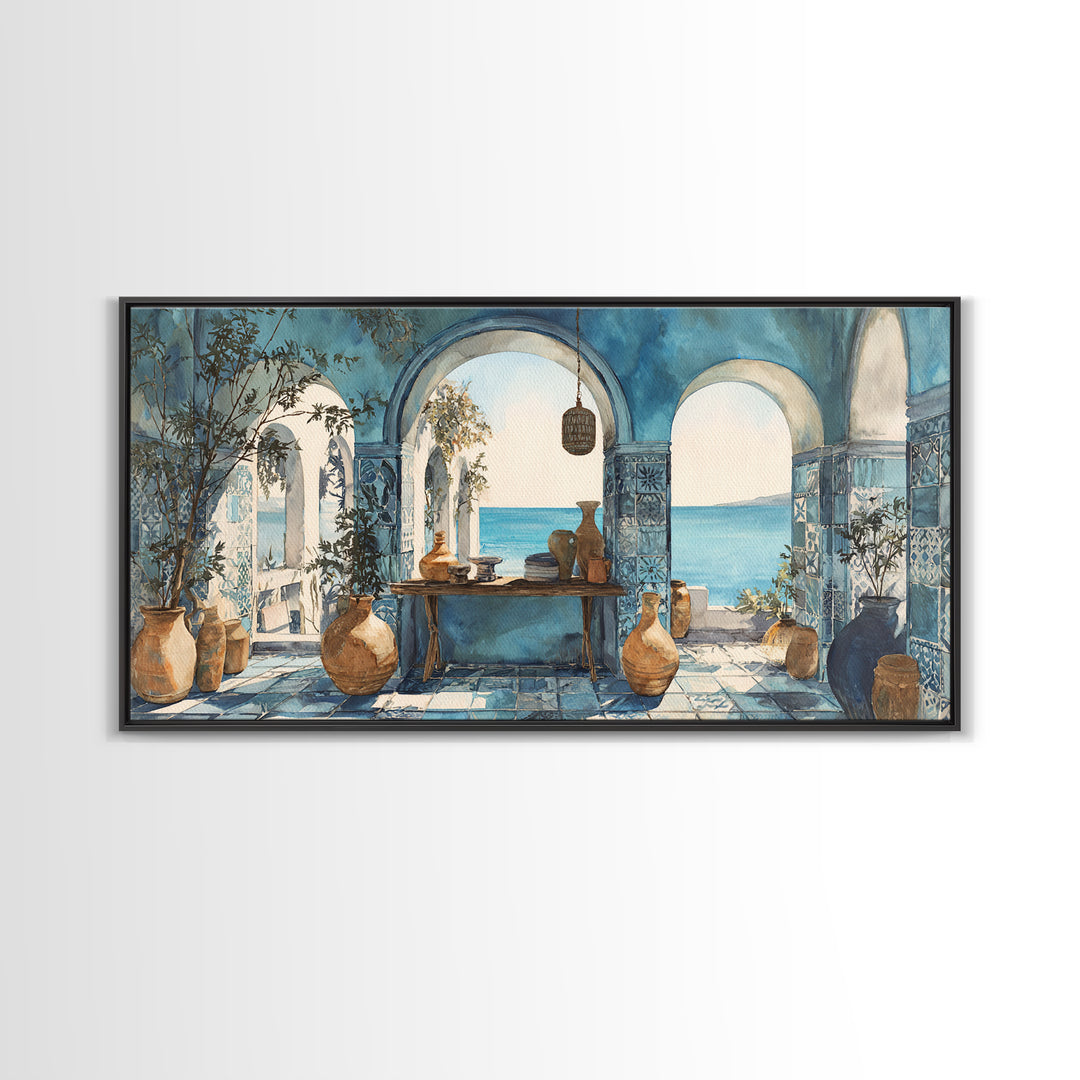 Mediterranean Arch Framing Blue Sea Canvas Print, Italian Villa Art, Statement Artwork, Living Room Decor, Fine Art, Villa, IVA-2x1-4