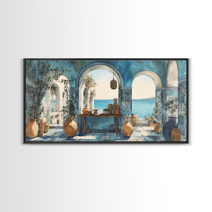 Mediterranean Arch Framing Blue Sea Canvas Print, Italian Villa Art, Statement Artwork, Living Room Decor, Fine Art, Villa, IVA-2x1-4