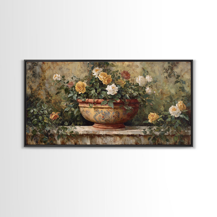 Italian Villa Garden Urn Framed Canvas Print, Italian Villa Art, Modern Decor, Living Room Decor, Oil Painting, Villa, IVA-2x1-50