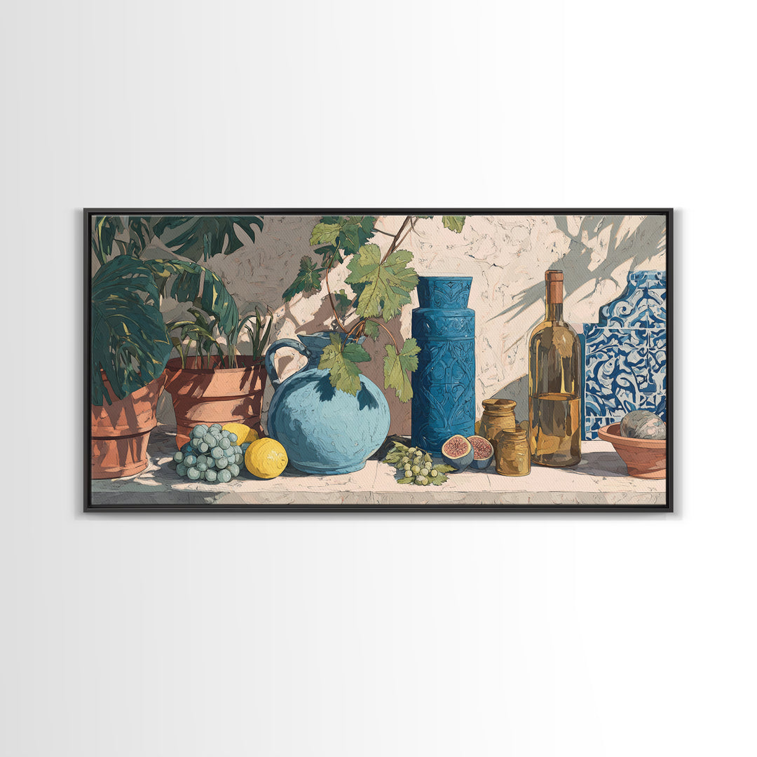 Grapevine and Wine Still Life on Linen Framed Canvas Print, Italian Villa Art, Printable Art, Living Room Decor, Abstract Art, IVA-2x1-51