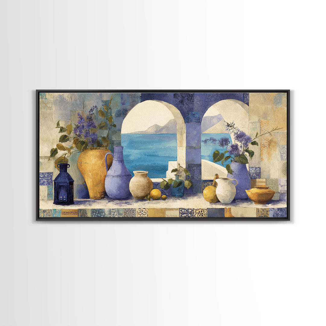 Mediterranean Arch Framing Blue Sea Canvas Print, Italian Villa Art, Original Painting, Living Room Decor, Fine Art, Villa, IVA-2x1-52