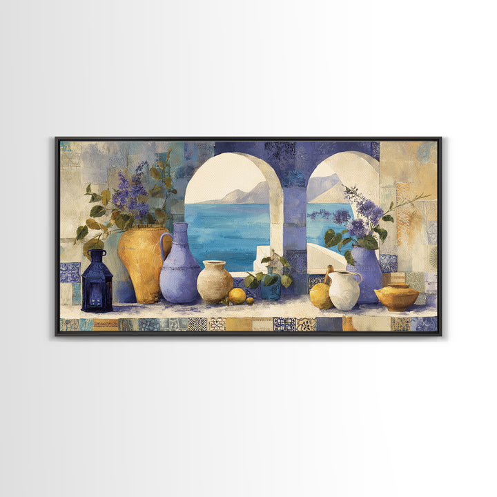 Mediterranean Arch Framing Blue Sea Canvas Print, Italian Villa Art, Original Painting, Living Room Decor, Fine Art, Villa, IVA-2x1-52