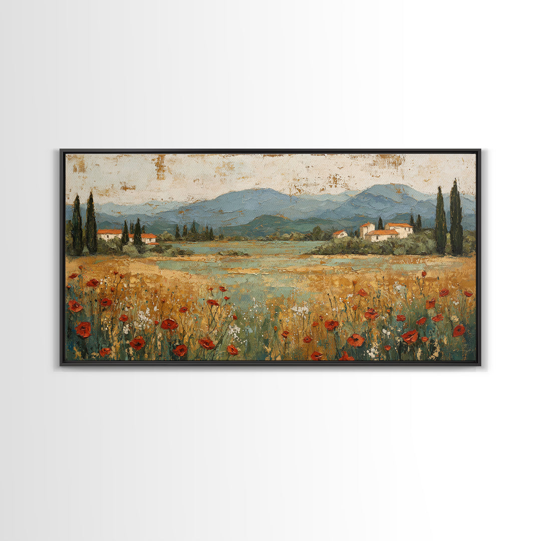 Tuscan Poppy Field Framed Canvas Print, Italian Villa Art, Landscape Painting, Living Room Decor, Watercolor Art, Villa, IVA-2x1-59