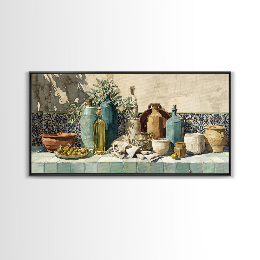 White Wine and Olives Still Life Framed Canvas Print, Italian Villa Art, Digital Wall Art, Living Room Decor, Oil Painting, IVA-2x1-60