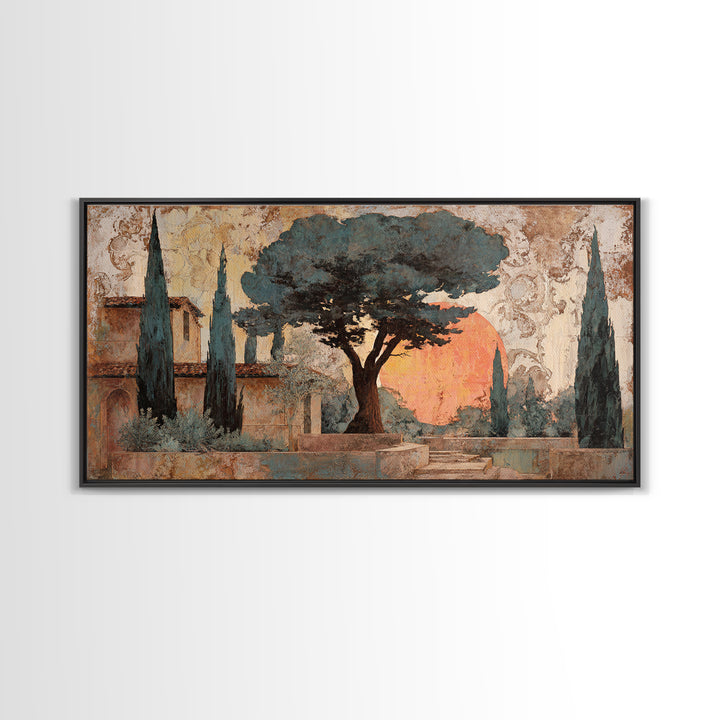Cypress Silhouette at Sunset Framed Canvas Print, Italian Villa Art, Boho Decor, Living Room Decor, Abstract Art, Villa, IVA-2x1-65