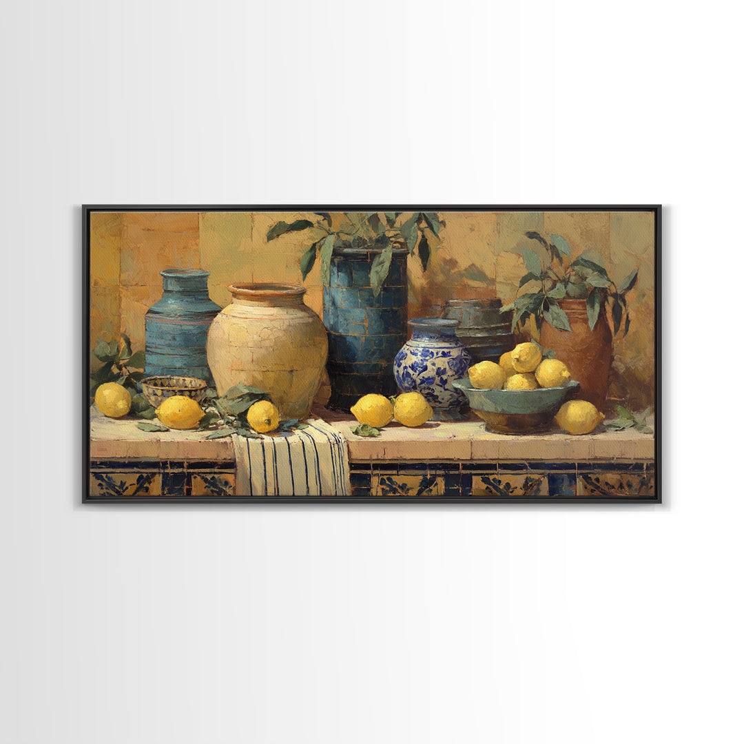 Coastal Lemons and Striped Cloth Arrangement Canvas Print, Italian Villa Art, Framed Wall Art, Living Room Decor, IVA-2x1-68