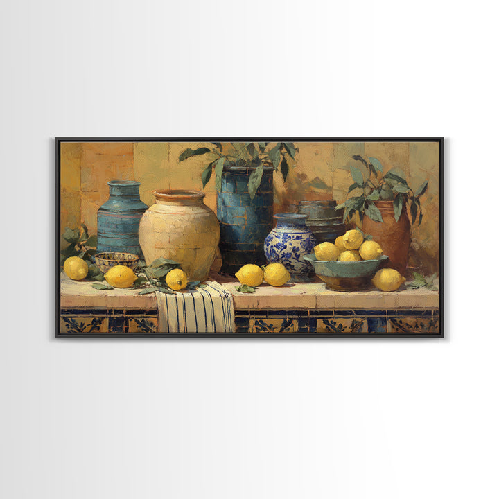 Coastal Lemons and Striped Cloth Arrangement Canvas Print, Italian Villa Art, Framed Wall Art, Living Room Decor, IVA-2x1-68