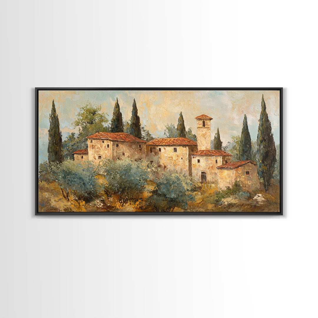 Tuscan Hillside with Cypress Trees and Golden Canvas Print, Italian Villa Art, Minimalist Decor, Living Room Decor, Villa, IVA-2x1-69