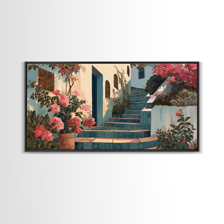 Sunlit Stone Stairway Framed Canvas Print, Italian Villa Art, Textured Painting, Living Room Decor, Villa, Bedroom Wall Art, IVA-2x1-7