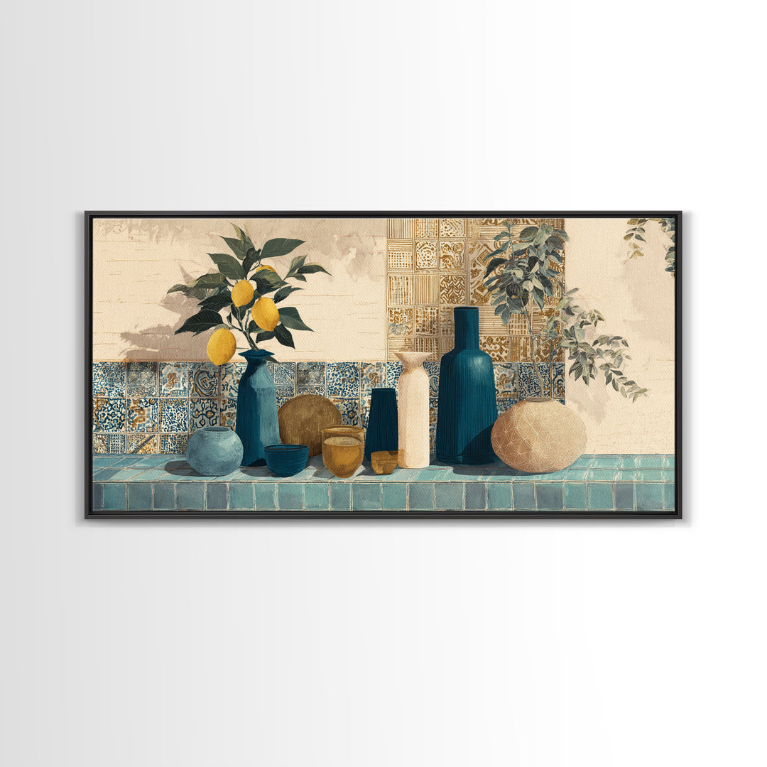 Lemon Branch in Blue Ceramic Vase Canvas Print, Italian Villa Art, Luxury Decor, Living Room Decor, Oil Painting, Villa, IVA-2x1-70