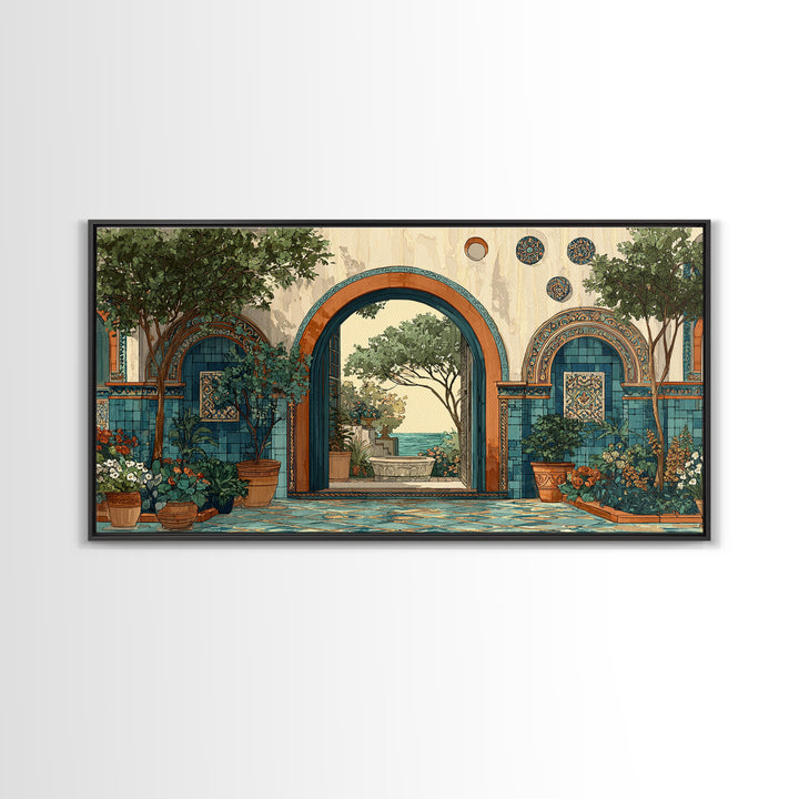 Mediterranean Arch Framing Blue Sea Canvas Print, Italian Villa Art, Coastal Decor, Living Room Decor, Fine Art, Villa, IVA-2x1-76