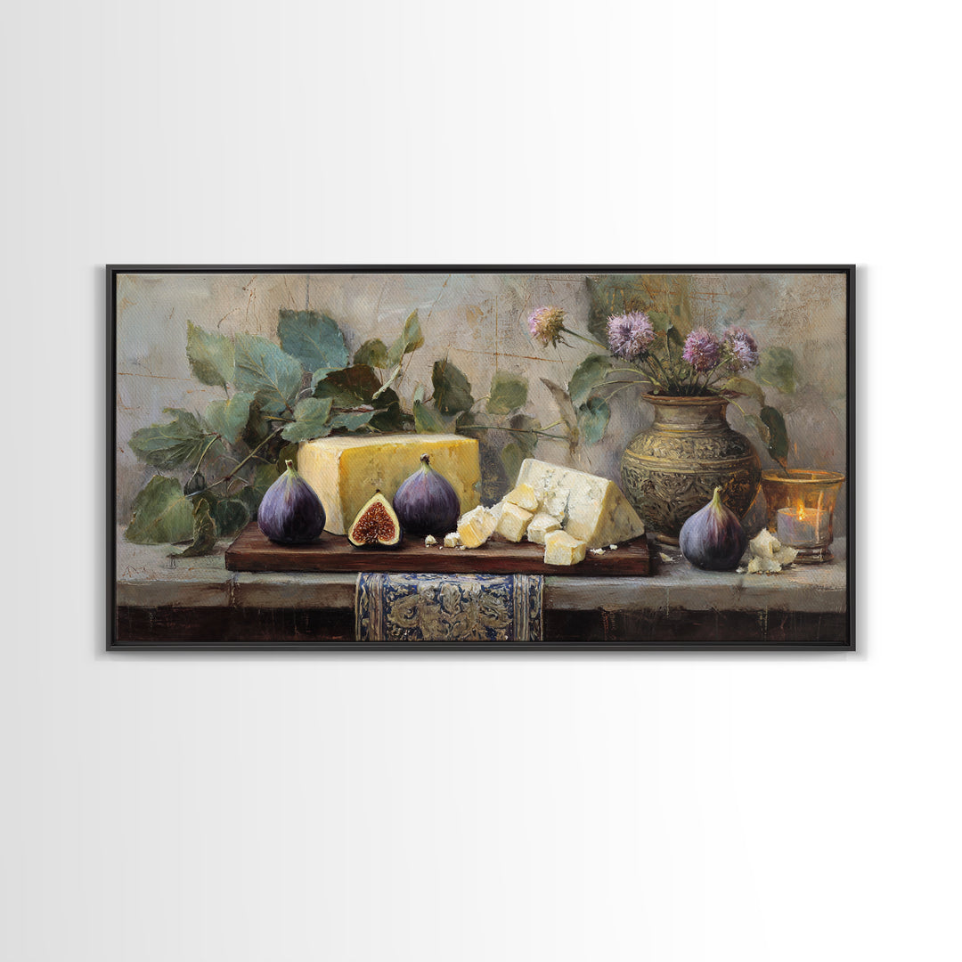 Figs and Cheese on Rustic Wooden Board Canvas Print, Italian Villa Art, Art Print, Living Room Decor, Oil Painting, Villa, IVA-2x1-77