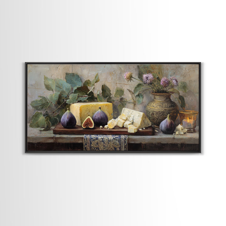 Figs and Cheese on Rustic Wooden Board Canvas Print, Italian Villa Art, Art Print, Living Room Decor, Oil Painting, Villa, IVA-2x1-77