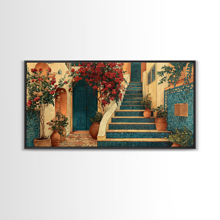 Sunlit Stone Stairway Framed Canvas Print, Italian Villa Art, Digital Download Art, Living Room Decor, Fine Art, Villa, IVA-2x1-79