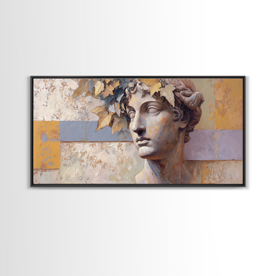 Classic Roman Statue Bust Framed Canvas Print, Italian Villa Art, Landscape Painting, Living Room Decor, Fine Art, Villa, IVA-2x1-80