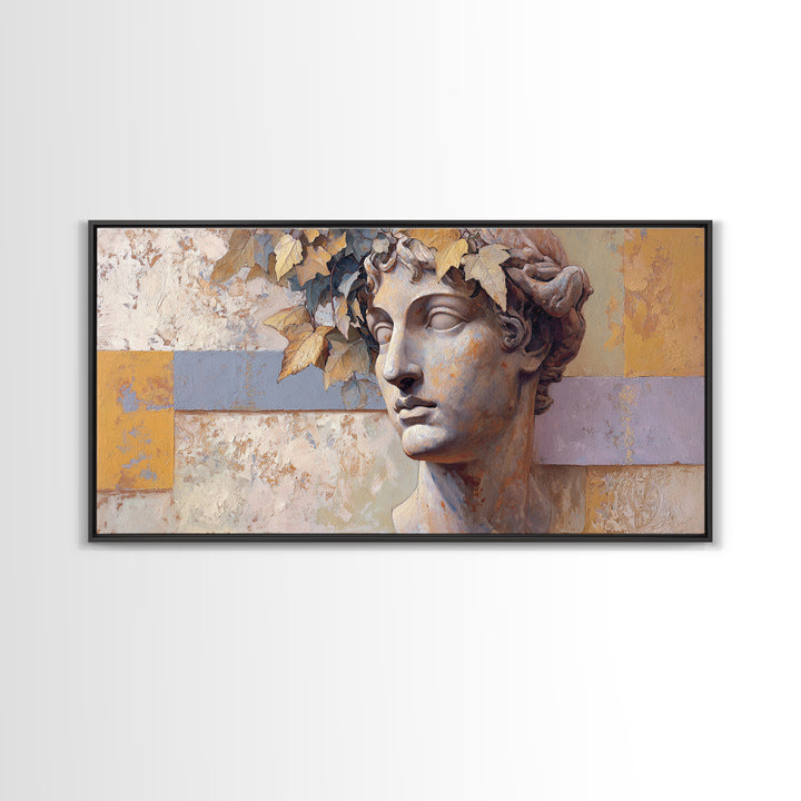 Classic Roman Statue Bust Framed Canvas Print, Italian Villa Art, Landscape Painting, Living Room Decor, Fine Art, Villa, IVA-2x1-80
