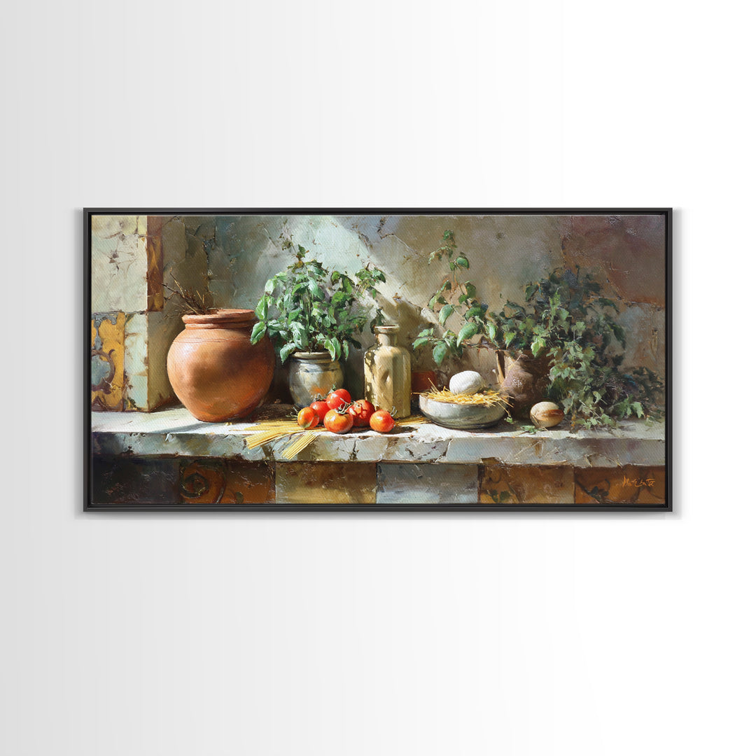 Pasta Herbs and Tomatoes Still Life Framed Canvas Print, Italian Villa Art, Farmhouse Wall Art, Living Room Decor, Villa, IVA-2x1-87