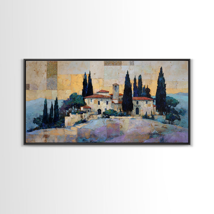 Tuscan Hillside with Cypress Trees and Golden Canvas Print, Italian Villa Art, Minimalist Decor, Living Room Decor, Villa, IVA-2x1-93