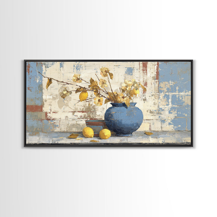Lemon Branch in Blue Ceramic Vase Canvas Print, Italian Villa Art, Luxury Decor, Living Room Decor, Oil Painting, Villa, IVA-2x1-94