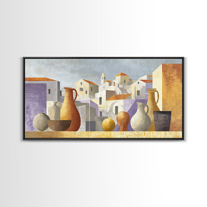 Terracotta Rooftops Against Pale Sky Framed Canvas Print, Italian Villa Art, Colorful Wall Art, Living Room Decor, Oil Painting, IVA-2x1-96