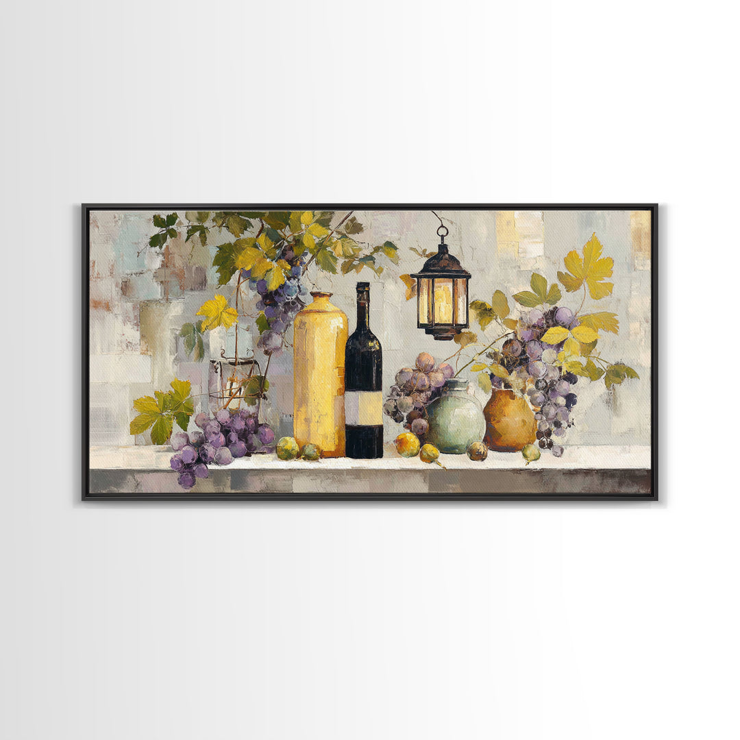 Grapevine and Wine Still Life on Linen Framed Canvas Print, Italian Villa Art, Printable Art, Living Room Decor, Abstract Art, IVA-2x1-99