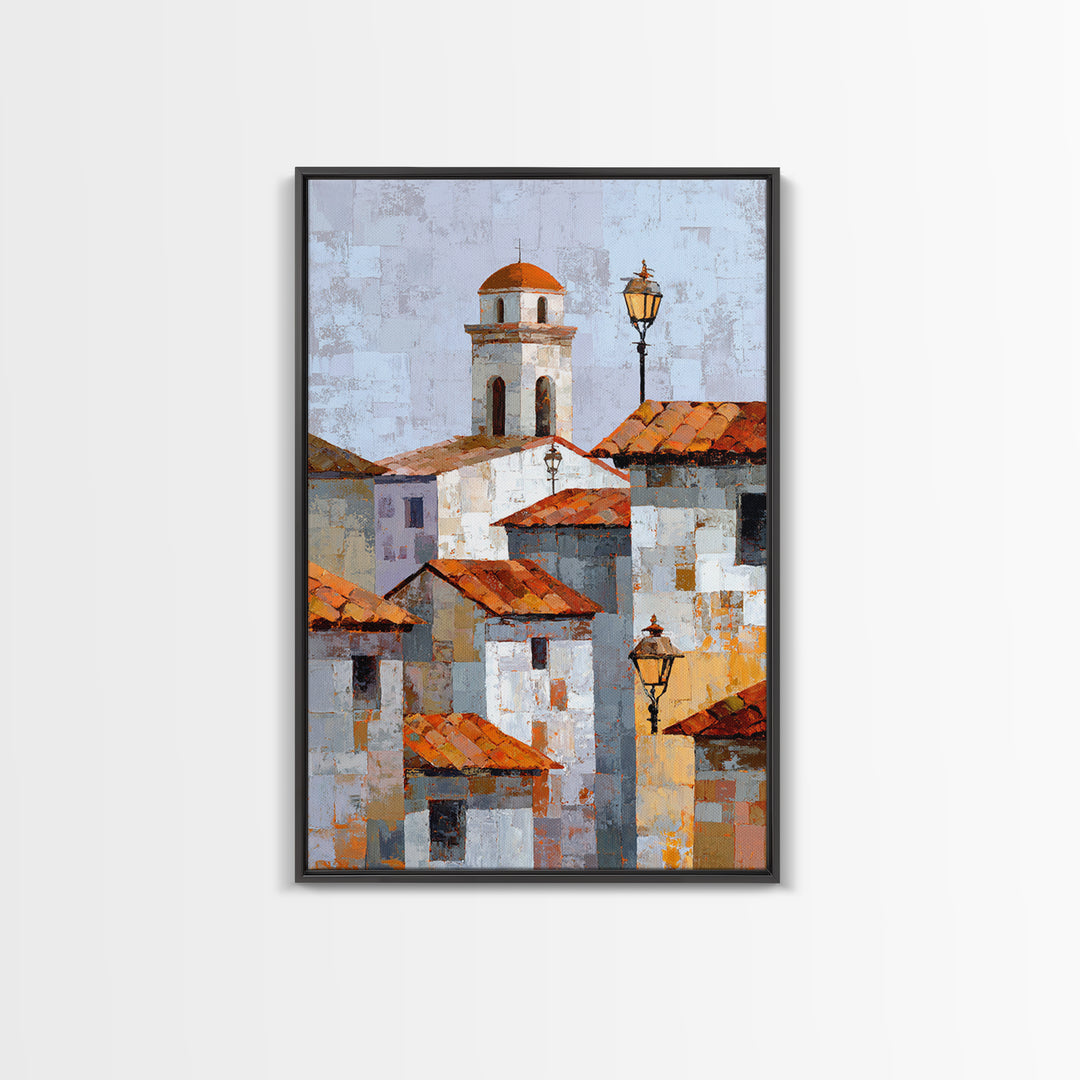 Terracotta Rooftops Against Pale Sky Framed Canvas Print, Italian Villa Art, Digital Art Print, Living Room Decor, Oil Painting, IVA-2x3-12