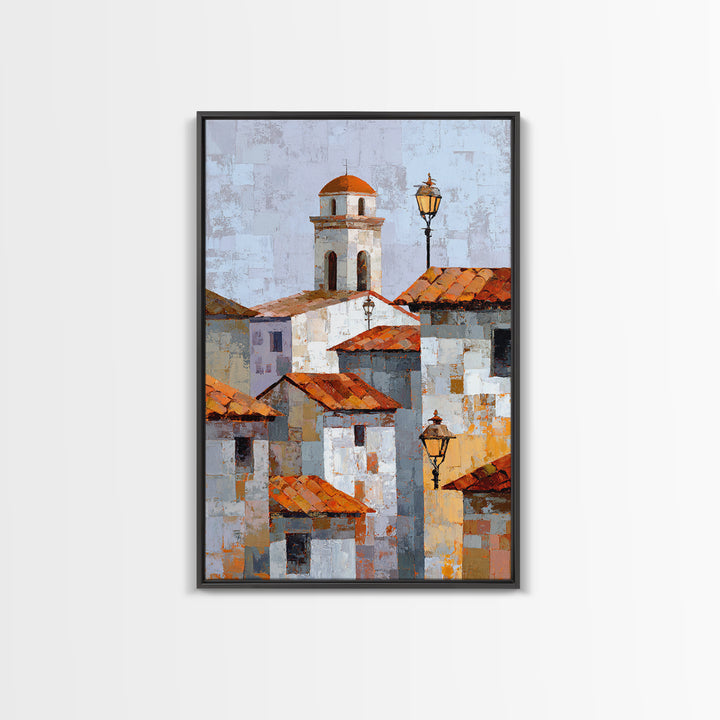 Terracotta Rooftops Against Pale Sky Framed Canvas Print, Italian Villa Art, Digital Art Print, Living Room Decor, Oil Painting, IVA-2x3-12