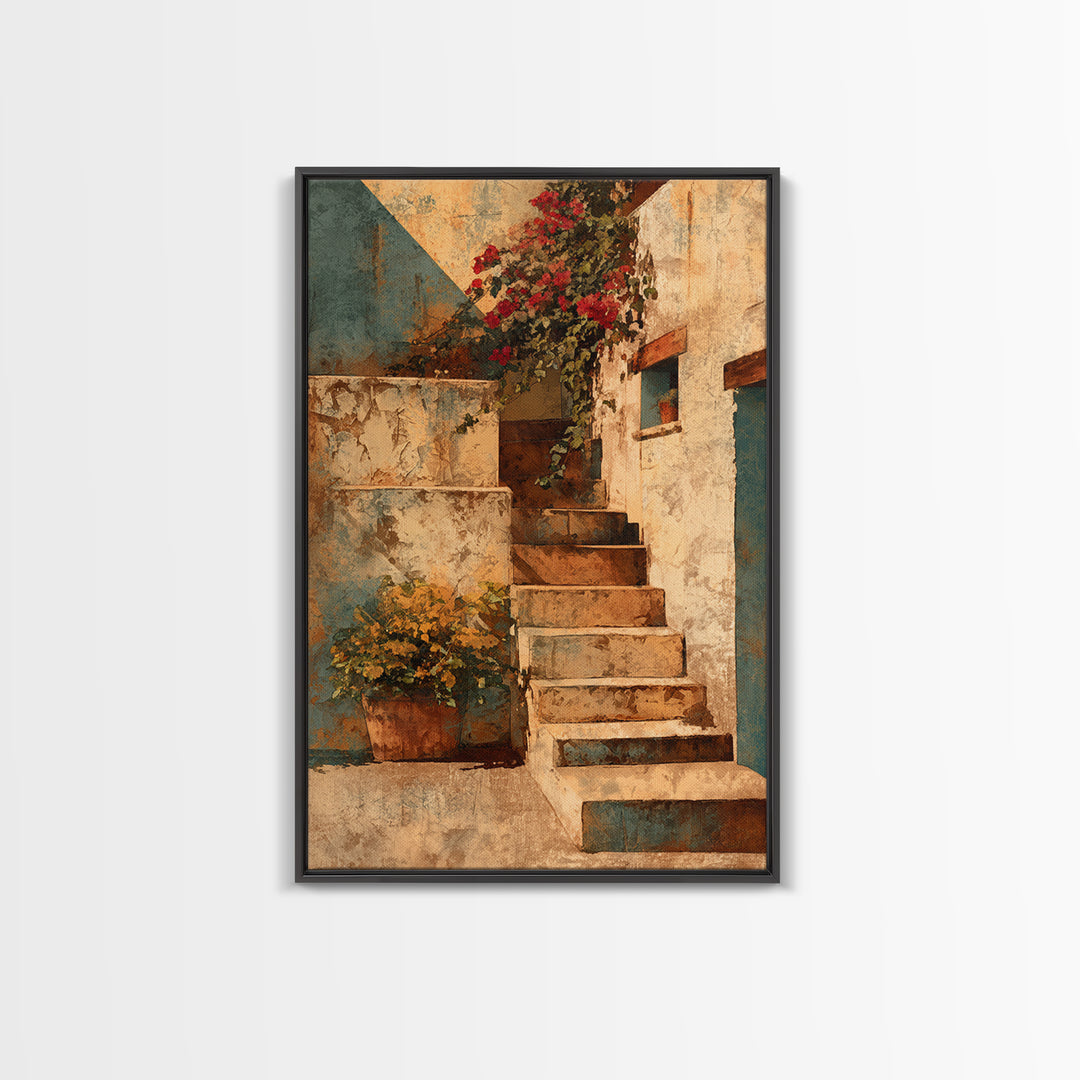 Sunlit Stone Stairway Framed Canvas Print, Italian Villa Art, Bedroom Wall Art, Living Room Decor, Villa, Travel Poster, IVA-2x3-19