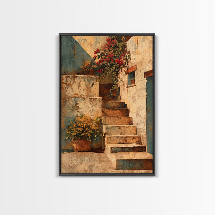 Sunlit Stone Stairway Framed Canvas Print, Italian Villa Art, Bedroom Wall Art, Living Room Decor, Villa, Travel Poster, IVA-2x3-19