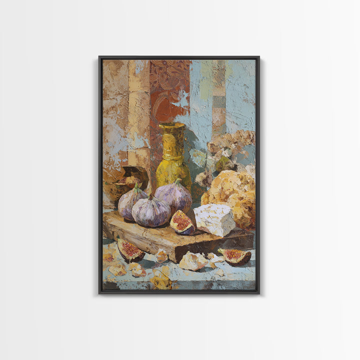 Figs and Cheese on Rustic Wooden Board Framed Canvas Print, Italian Villa Art, Modern Decor, Living Room Decor, Abstract Art, IVA-2x3-41