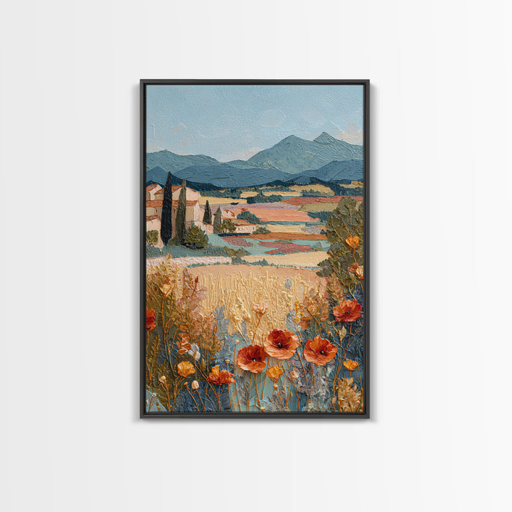 Tuscan Poppy Field Framed Canvas Print, Italian Villa Art, Travel Poster, Living Room Decor, Abstract Art, Villa, IVA-2x3-47
