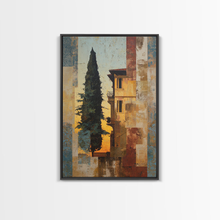 Cypress Silhouette at Sunset Framed Canvas Print, Italian Villa Art, Boho Decor, Living Room Decor, Oil Painting, Villa, IVA-2x3-53