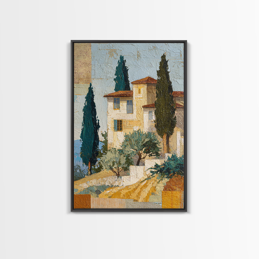 Tuscan Hillside with Cypress Trees and Golden Canvas Print, Italian Villa Art, Minimalist Decor, Living Room Decor, IVA-2x3-57
