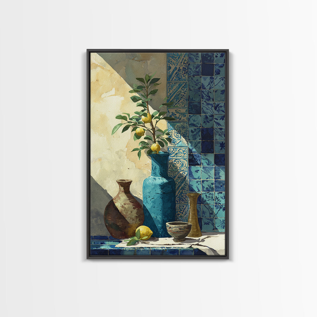 Lemon Branch in Blue Ceramic Vase Canvas Print, Italian Villa Art, Luxury Decor, Living Room Decor, Villa, Framed Wall Art, IVA-2x3-58