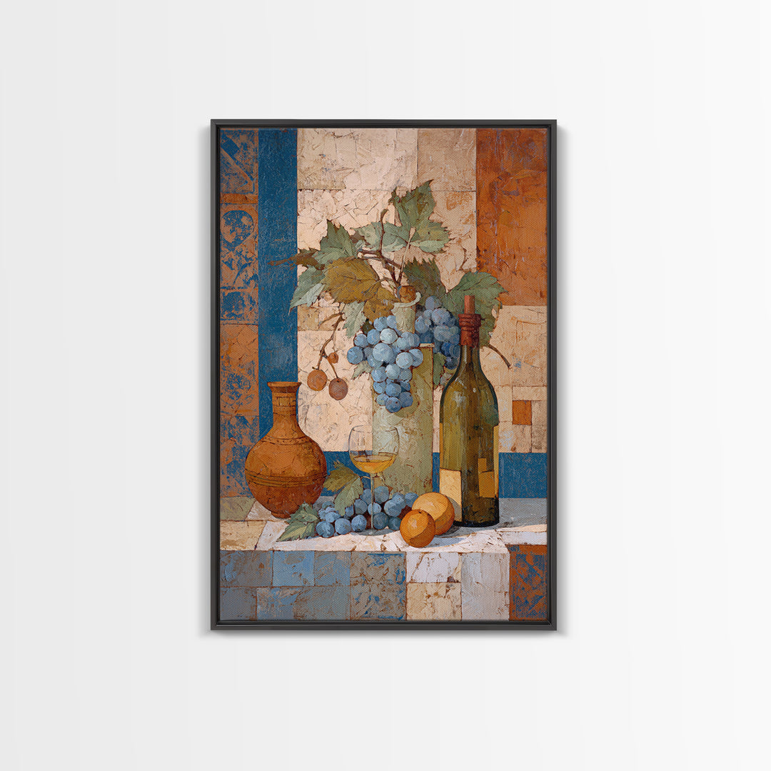 Grapevine and Wine Still Life on Linen Framed Canvas Print, Italian Villa Art, Digital Art Print, Living Room Decor, IVA-2x3-63