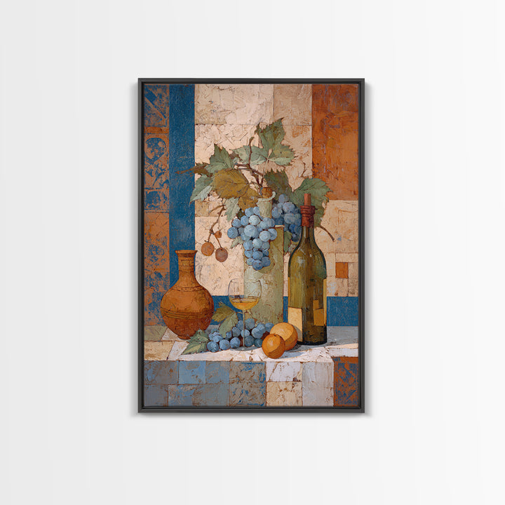 Grapevine and Wine Still Life on Linen Framed Canvas Print, Italian Villa Art, Digital Art Print, Living Room Decor, IVA-2x3-63
