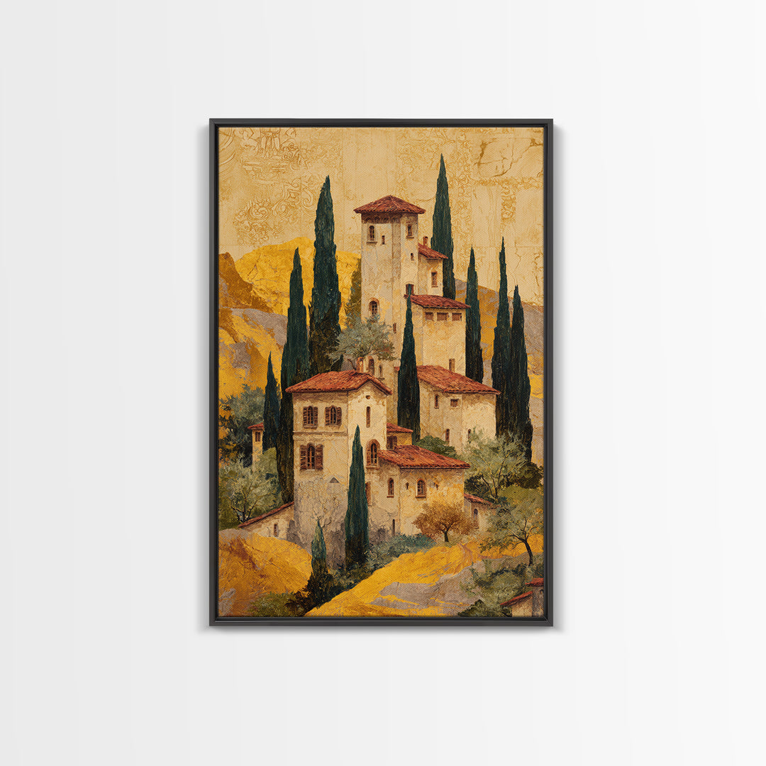 Tuscan Hillside with Cypress Trees and Golden Canvas Print, Italian Villa Art, Minimalist Decor, Living Room Decor, IVA-2x3-81