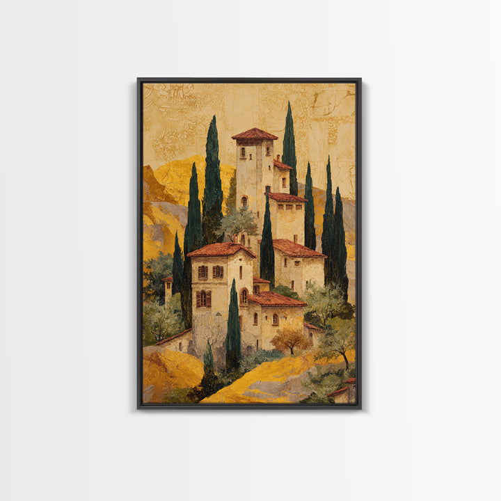Tuscan Hillside with Cypress Trees and Golden Canvas Print, Italian Villa Art, Minimalist Decor, Living Room Decor, IVA-2x3-81