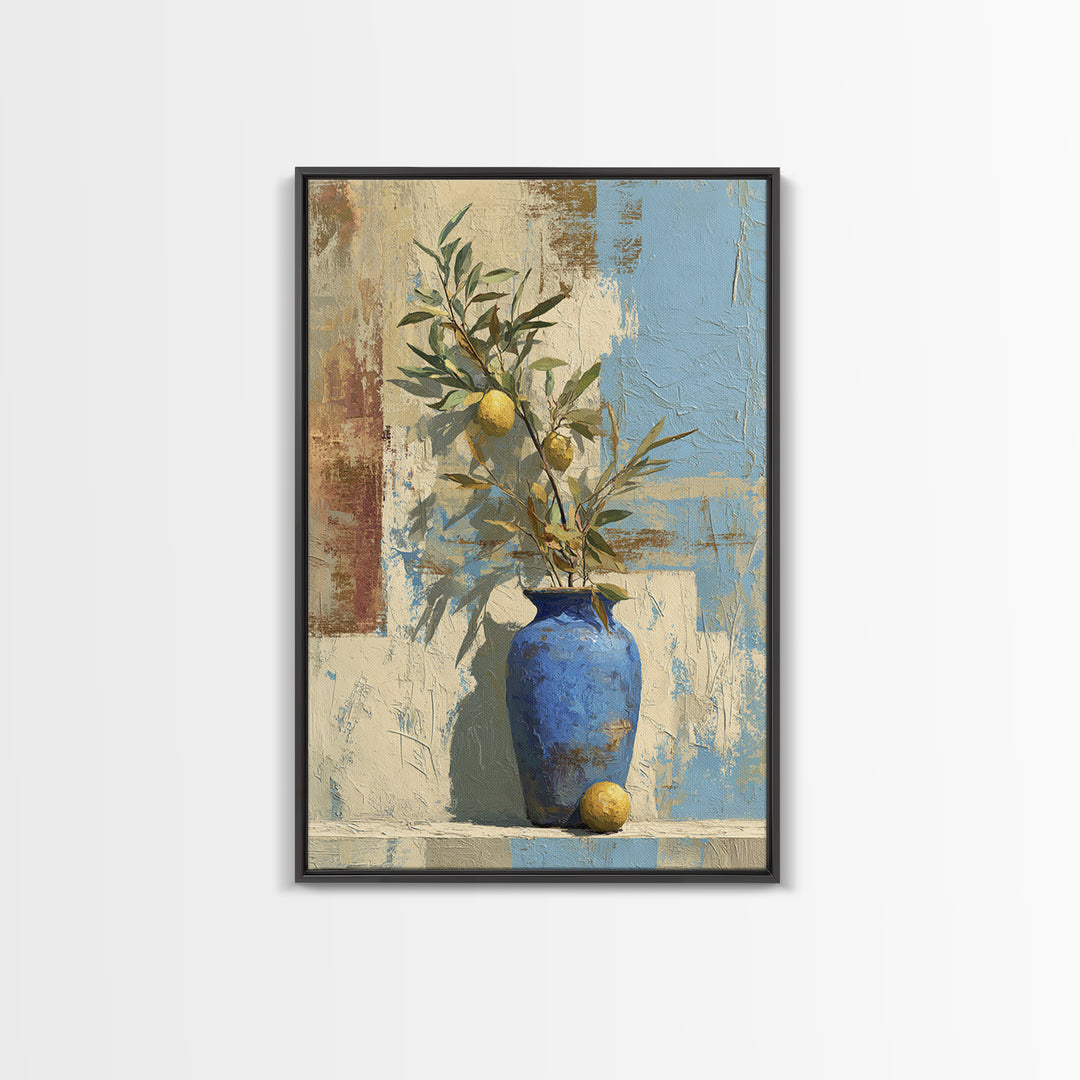 Lemon Branch in Blue Ceramic Vase Canvas Print, Italian Villa Art, Luxury Decor, Living Room Decor, Villa, Framed Wall Art, IVA-2x3-82