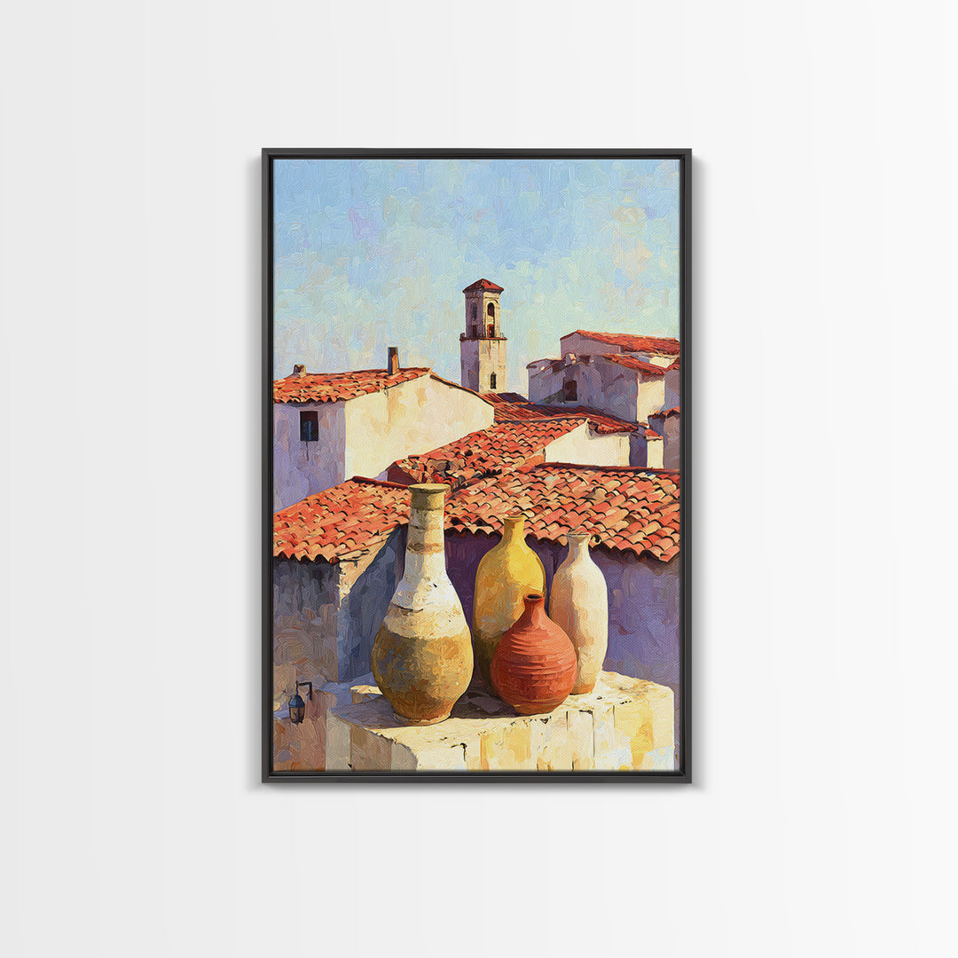 Terracotta Rooftops Against Pale Sky Framed Canvas Print, Italian Villa Art, Digital Wall Art, Living Room Decor, Villa, IVA-2x3-84