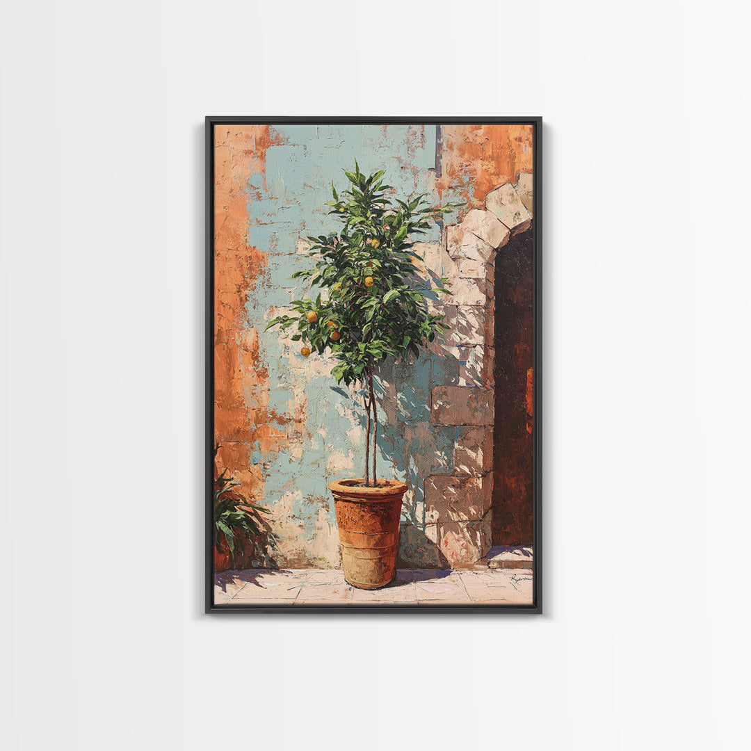 Orange Tree in a Courtyard Planter Framed Canvas Print, Italian Villa Art, Textured Painting, Living Room Decor, Villa, IVA-2x3-94